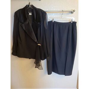 Vintage David Brooks Black Skirt Suit Set Sheer Sleeve Party Career Women's 16w